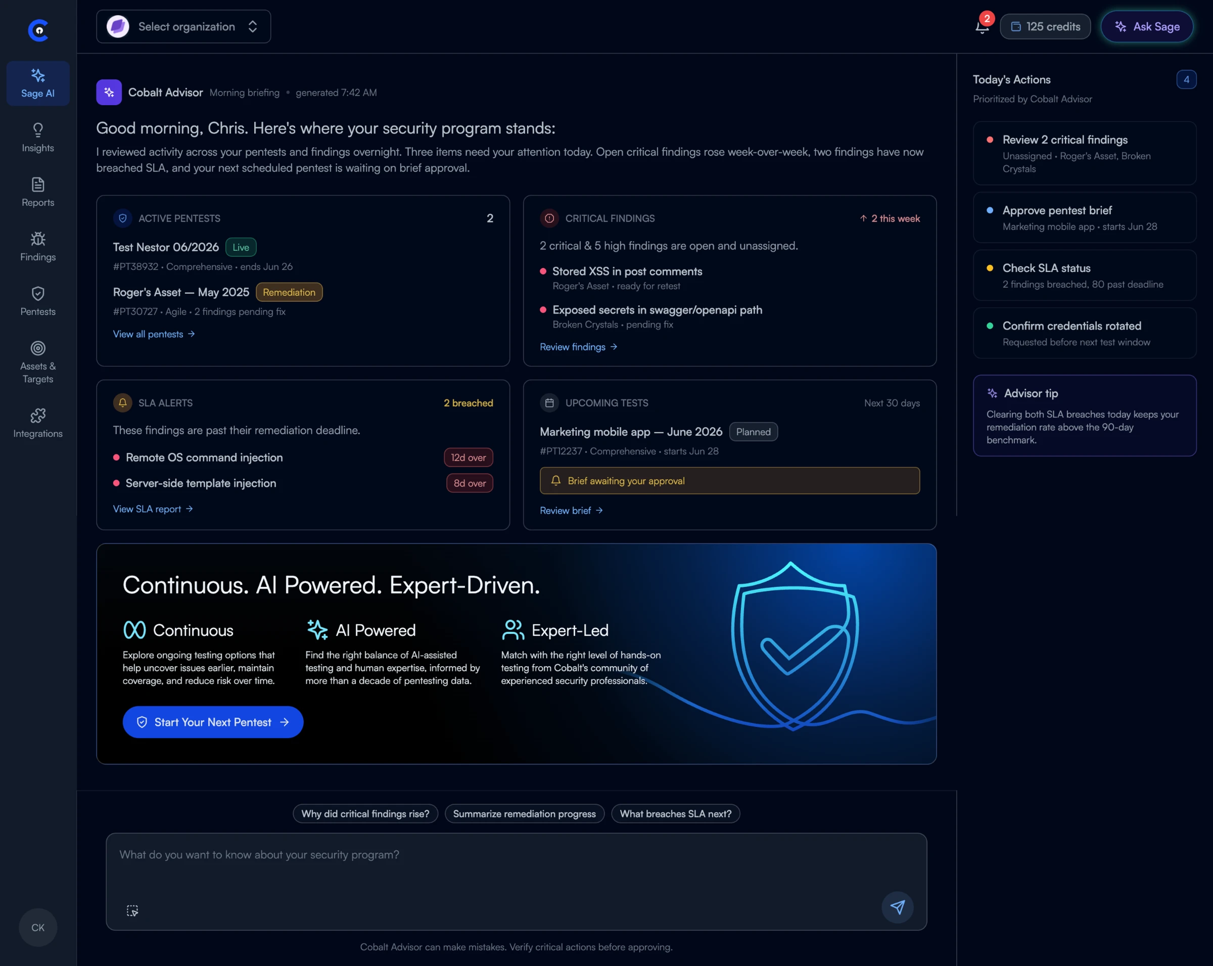 Cobalt Advisor home screen